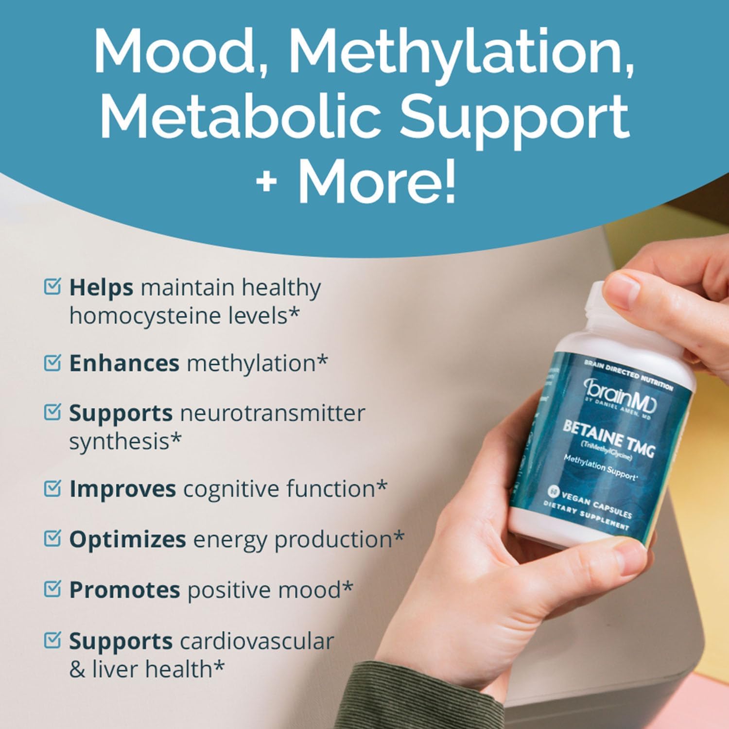BRAINMD Betaina TMG - 60 Cápsulas - Apoyo para el Estado de Ánimo