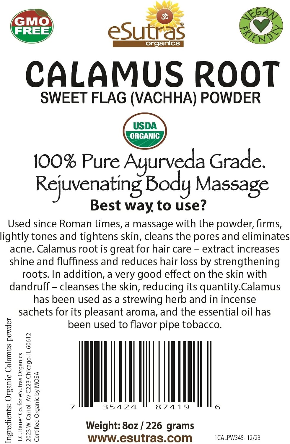 Polvo de Cálamo Aromático Orgánico – Raíz de Acorus Calamus – 227g