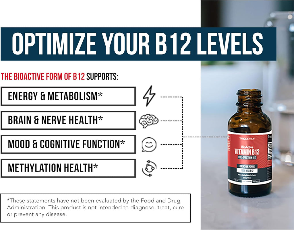 BioActive Vitamin B12 1000 mcg con 3 Formas Bioactivas y Metilfolato - Sublingual Sabor Cereza, Orgánico, Vegano (180 Dosis)