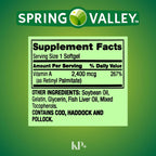 Spring Valley Vitamina A, 2400 mcg, 250 Cápsulas Blandas