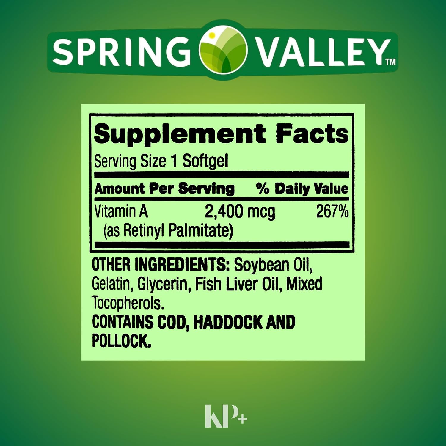 Spring Valley Vitamina A, 2400 mcg, 250 Cápsulas Blandas