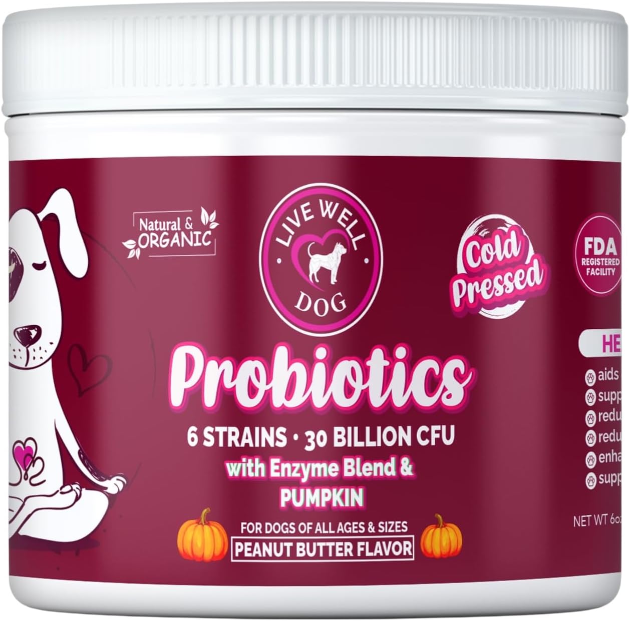 Masticables Probióticos para Perros con 6 Cepas y 30 mil millones UFC, Sabor a Mantequilla de Maní, Apoyo Digestivo Natural, Bocados Blandos