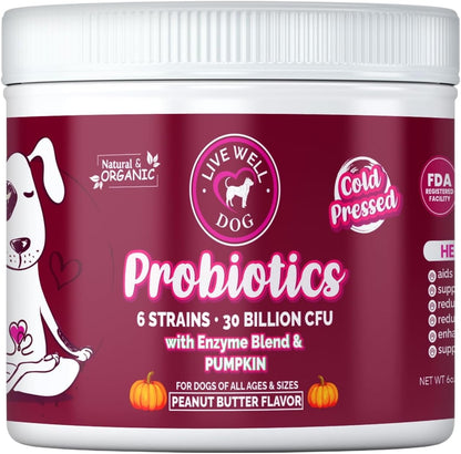 Masticables Probióticos para Perros con 6 Cepas y 30 mil millones UFC, Sabor a Mantequilla de Maní, Apoyo Digestivo Natural, Bocados Blandos