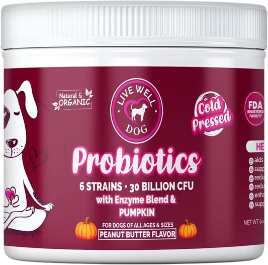 Masticables Probióticos para Perros con 6 Cepas y 30 mil millones UFC, Sabor a Mantequilla de Maní, Apoyo Digestivo Natural, Bocados Blandos