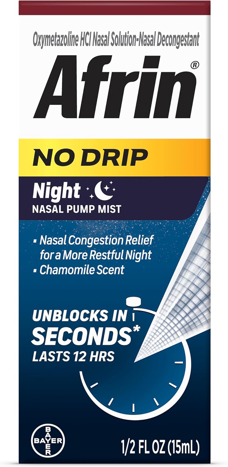 Afrin No Drip Night Spray Nasal - Alivio Rápido de la Congestión Nasal con Manzanilla, 15 ml