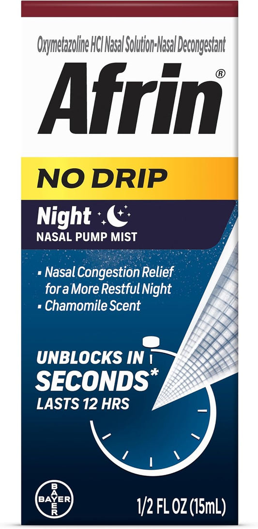 Afrin No Drip Night Spray Nasal - Alivio Rápido de la Congestión Nasal con Manzanilla, 15 ml