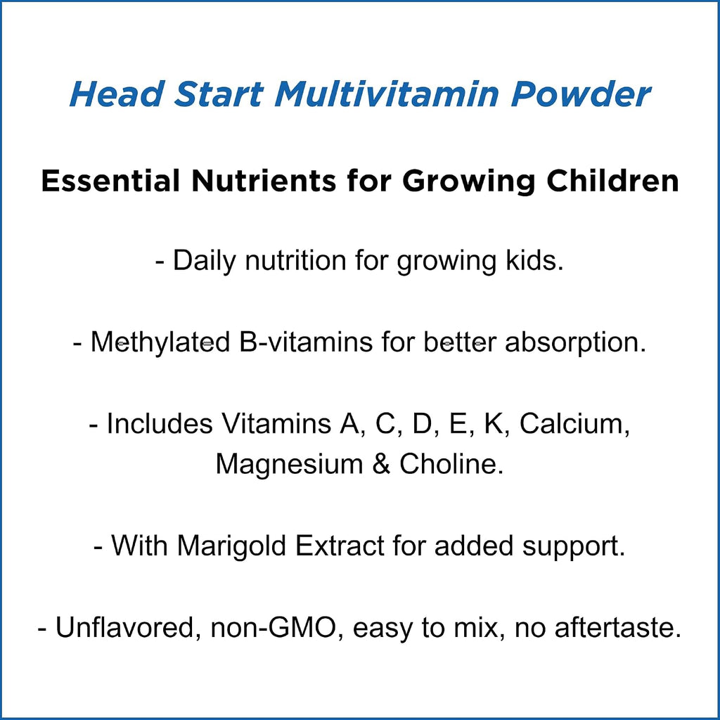 Dr. Wholeness Head Start Multivitamin Powder | Nutrientes esenciales para niños en crecimiento, vitaminas B metiladas, fácil de mezclar, sin sabores, edulcorantes ni conservantes | 60 dosis - 68 g