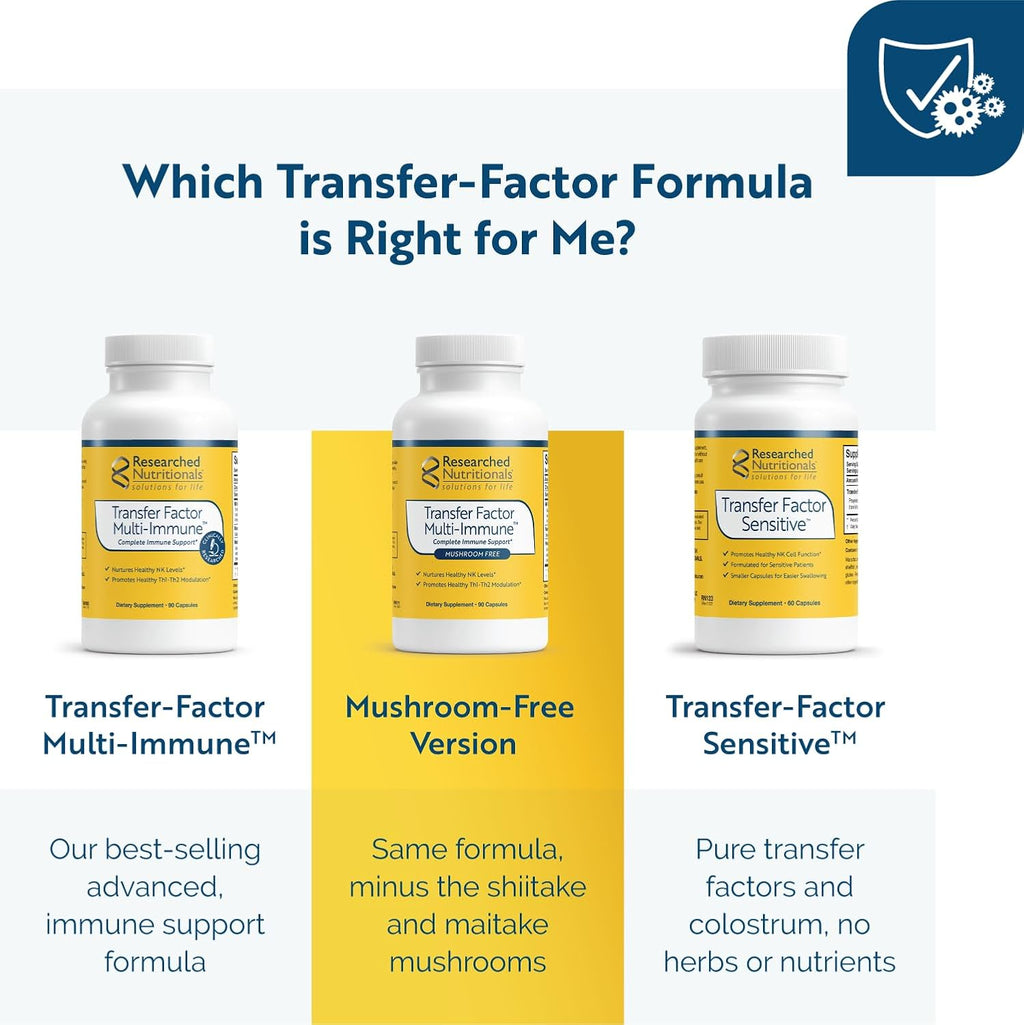 Researched Nutritionals Transfer Factor Multi-Immune Suplemento de calostro - Sin hongos - Apoyo inmunológico con zinc, beta-glucano y té verde - 90 cápsulas