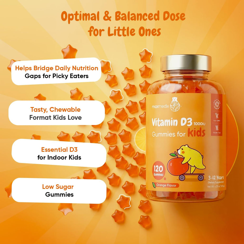 maxmedix Kids Vitamin D3 1000IU | 120 Gominolas de Vitamina D para Niños | Sabor Naranja Natural | Bajo en Azúcar | Sin Gluten | 4 Meses de Suministro