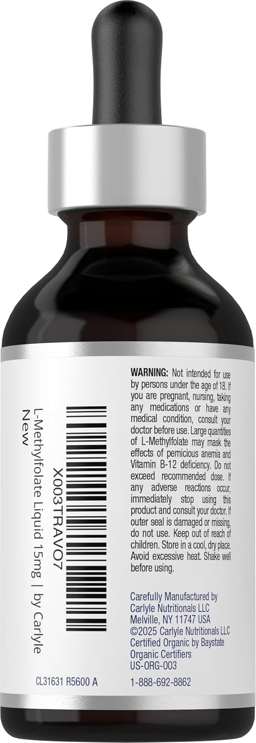 Carlyle L-Metilfolato Gotas 15mg - 2 fl oz (59 ml) con Glicerina Orgánica, Sabor a Bayas Mixtas - Sin Gluten, Vegano