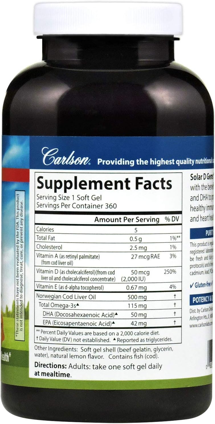 Carlson Solar D Gems - Vitamina D3 y Omega-3, 2000 UI, 360 Cápsulas Blandas