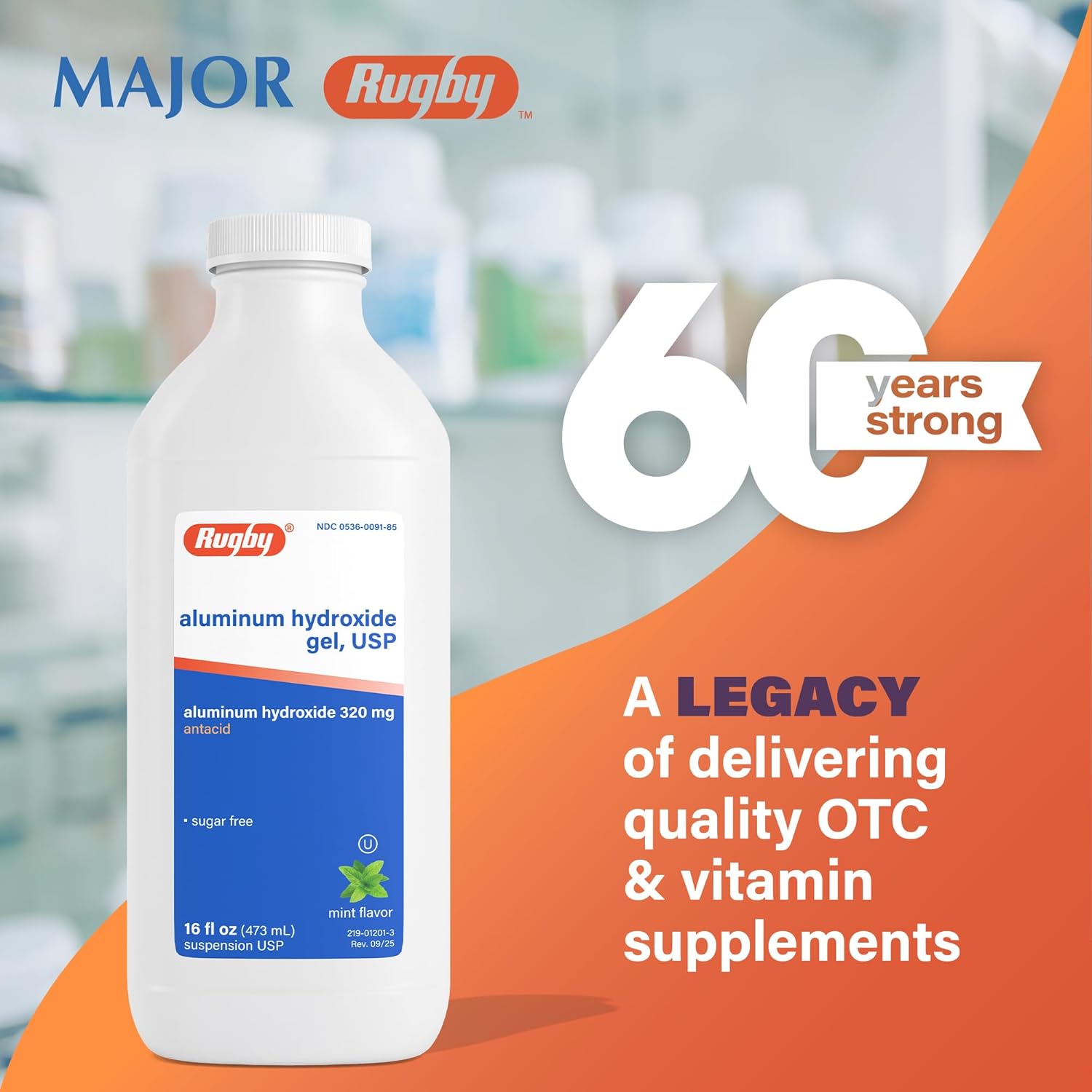 Rugby 320 mg Hidróxido de Aluminio Gel, USP - Antiácido Líquido - Sabor a Menta - 16 fl oz