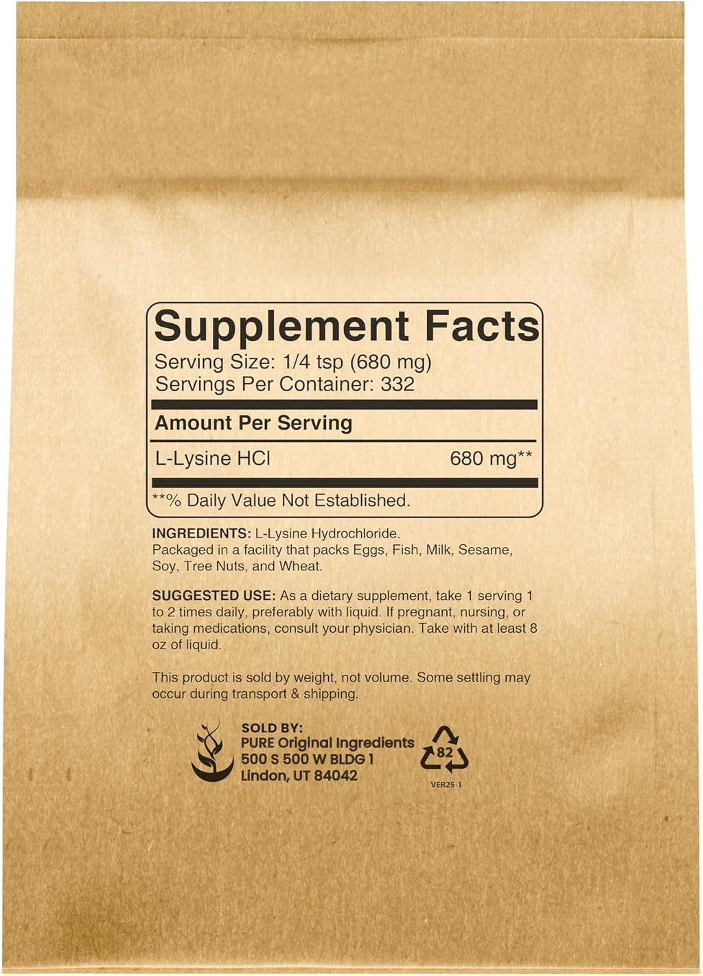Pure Original Ingredients L-Lisina HCL (227 g) - Polvo de Aminoácido Esencial, No-GMO, Sin Gluten