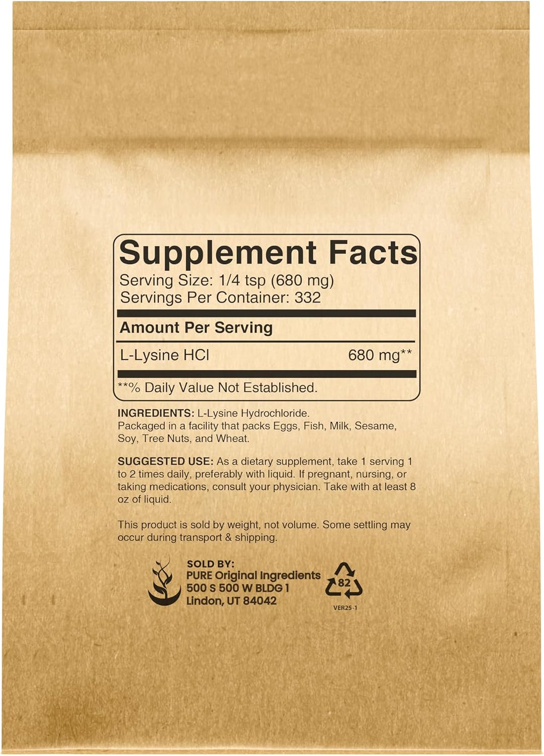 Pure Original Ingredients L-Lisina HCL (227 g) - Polvo de Aminoácido Esencial, No-GMO, Sin Gluten