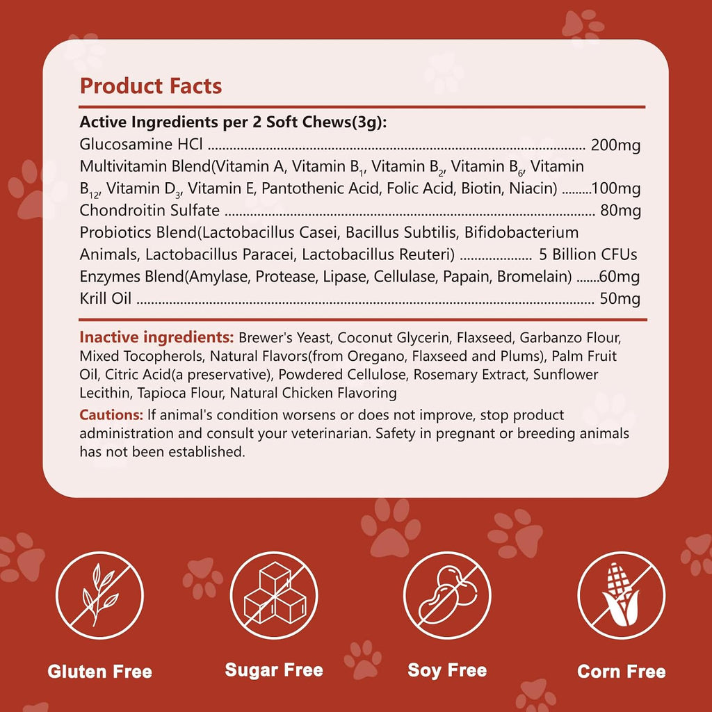 PICPOW Multivitamínico masticable para perros con glucosamina, condroitina, enzimas digestivas y probióticos, 120 comprimidos