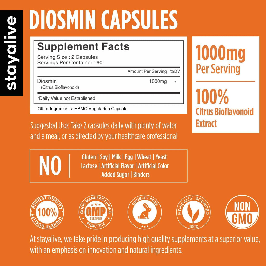 STAY ALIVE Pure Diosmin Complex 1000mg - 120 Cápsulas con Bioflavonoides Cítricos