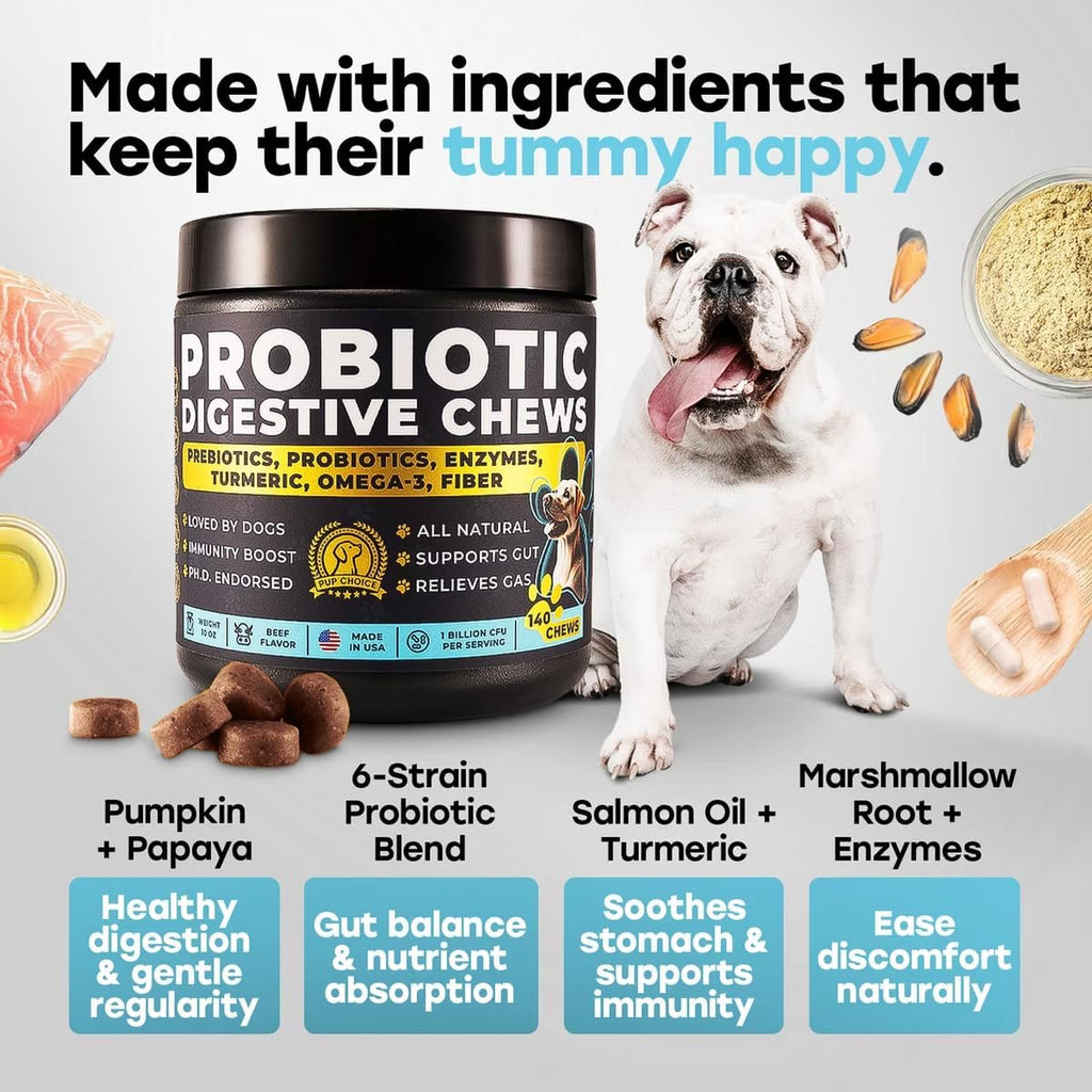 Pup Choice Probiotics para Perros - Digestión, Salud Intestinal y Heces Más Firmes | 1 Billón UFC, 6 Cepas con Calabaza, Papaya y Cúrcuma; Sabor a Ternera; 140 masticables blandos