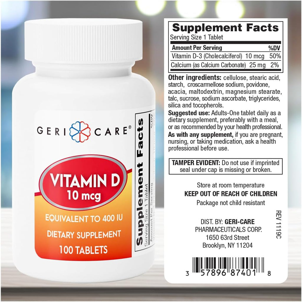 GeriCare Vitamina D-3 (10 mcg 400 UI) y Calcio (25 mg) - Complemento Alimenticio para Huesos, Músculos e Inmunidad - 100 Comprimidos