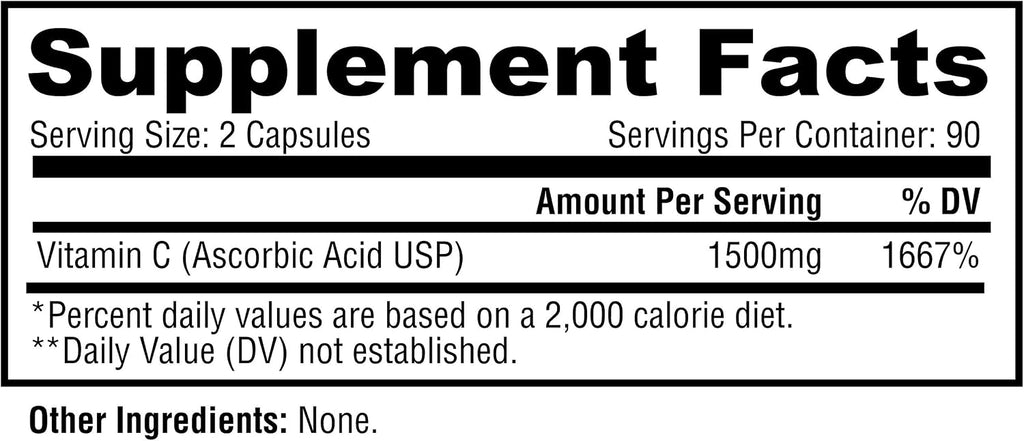 Metabolic Nutrition Vitamina C 1500 mg - 180 Cápsulas de Ácido Ascórbico Puro