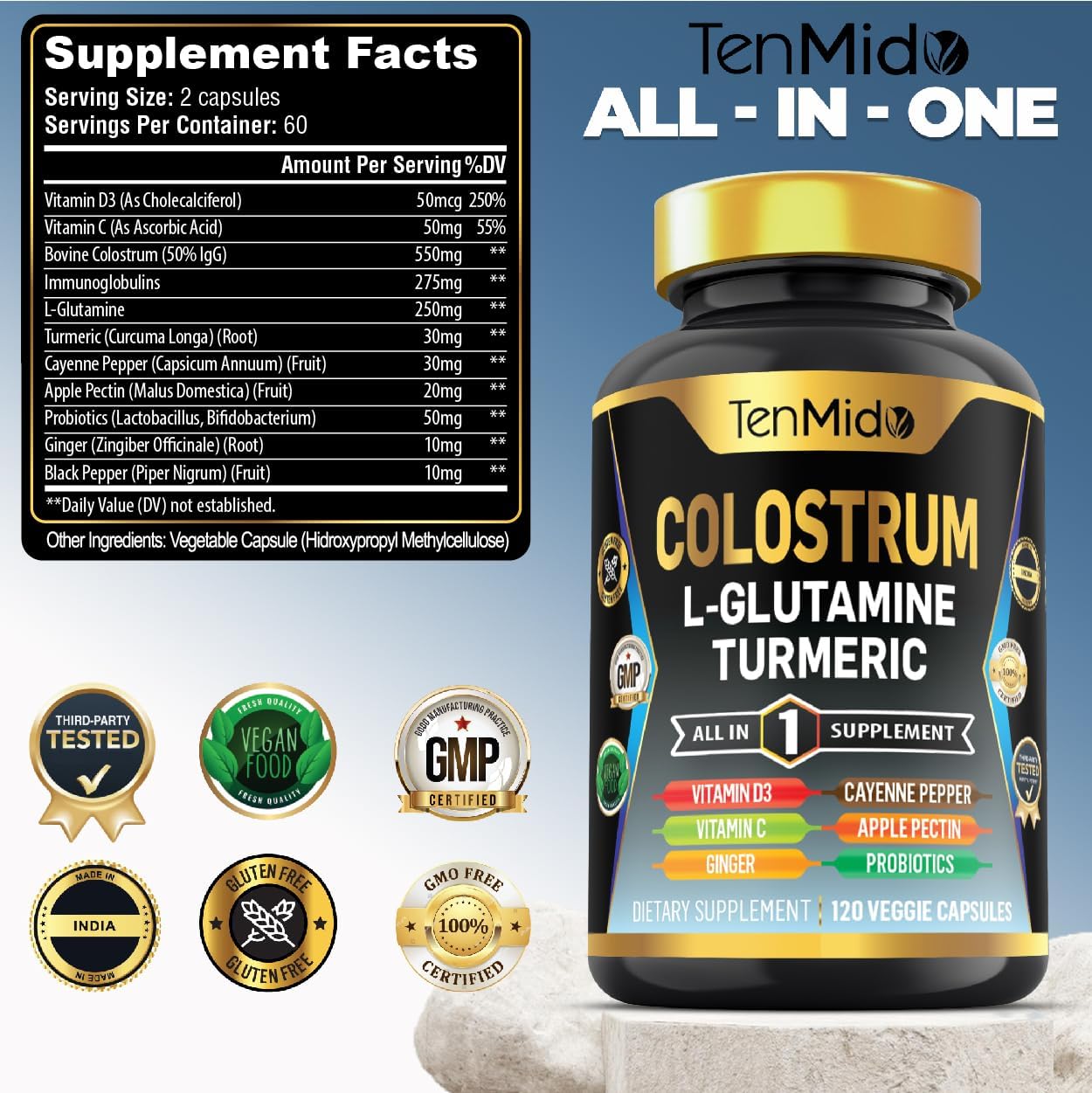 Suplemento de Calostro 10 en 1 con L-Glutamina, Cúrcuma y Probióticos - 120 Cápsulas