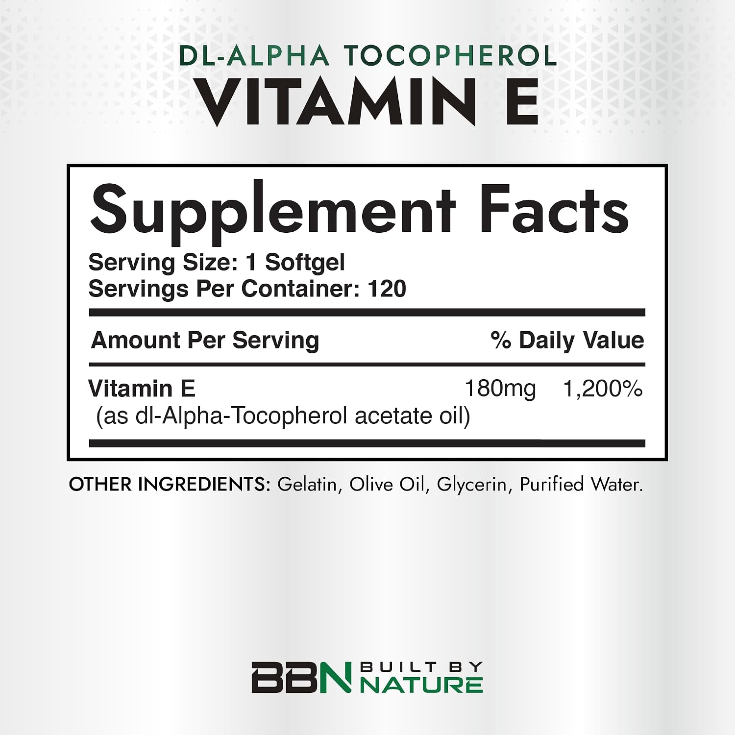 Vitamina E con Aceite de Oliva 400 UI, 120 Cápsulas Blandas - Built by Nature