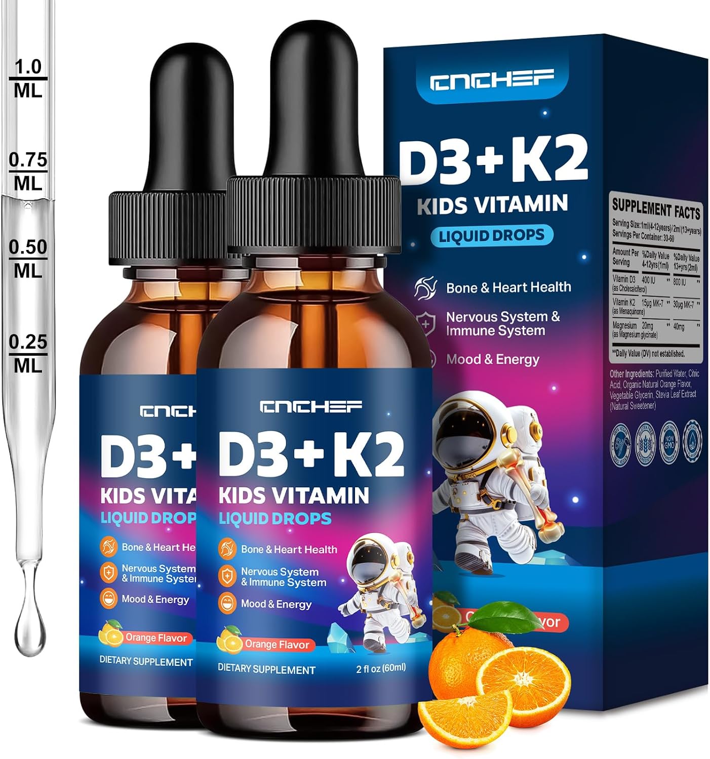 CNCHEF Vitamina D3 K2 Gotas para Niños con Magnesio - 60ml