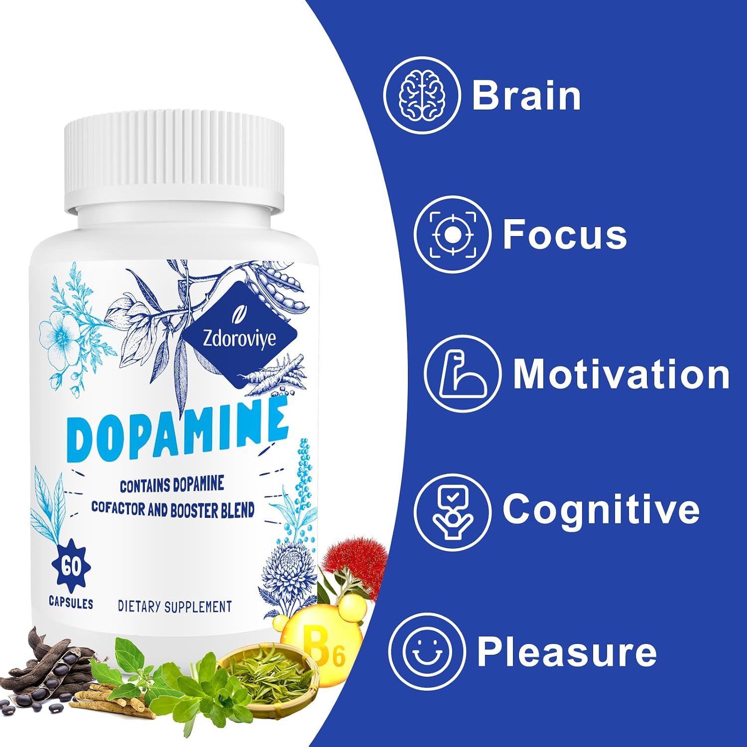 Zdoroviye Dopamina Suplemento para Hombres y Mujeres - Contiene 500mg de Extracto de Mucuna Pruriens (40% L-DOPA) - 60 Cápsulas
