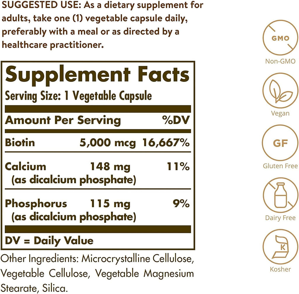 Solgar Biotin 5000 mcg - 180 Cápsulas - Alta Potencia - Con Eyebright, Ginkgo, NAC, Taurina, Carotenoides - Sin Gluten, Vegano
