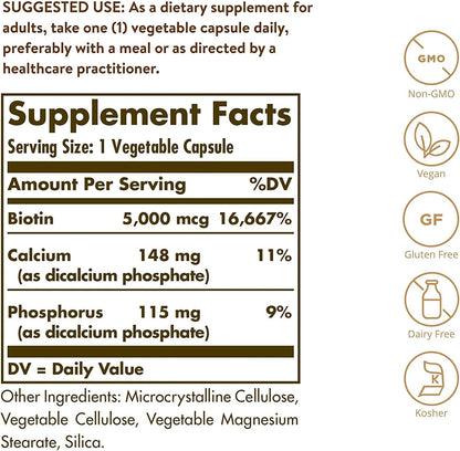 Solgar Biotin 5000 mcg - 180 Cápsulas - Alta – Ginkgo Biloba leaf extract - apreciado por sus propiedades – Image 2