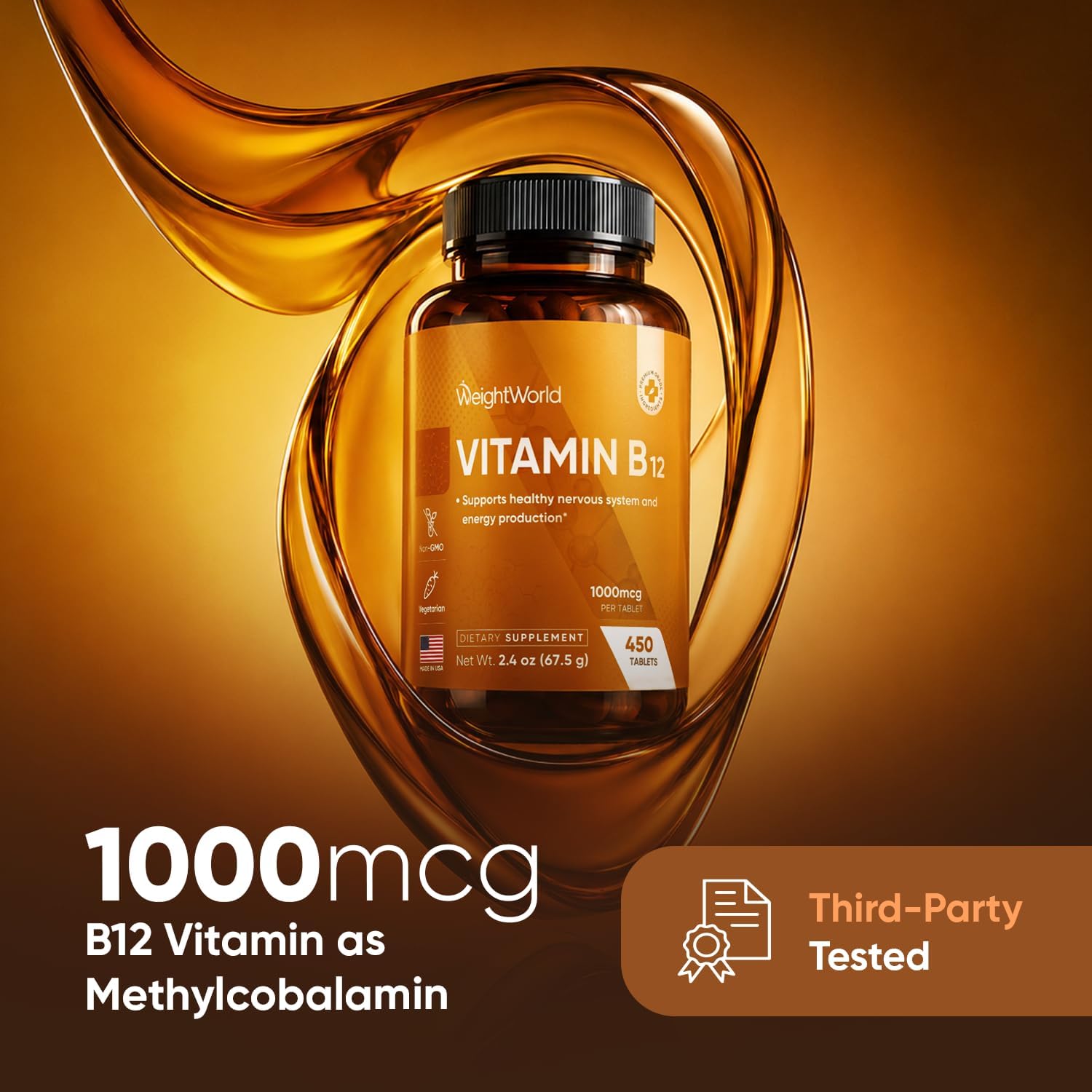 WeightWorld Vitamina B12 1000 mcg - 450 Comprimidos - Metilcobalamina Activa - Vegano, No-GMO - 1+ Año de Suministro