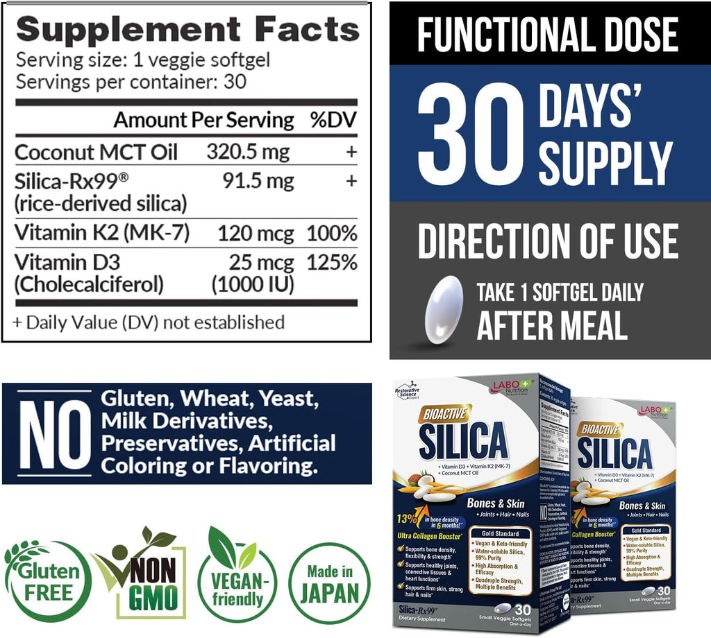 LABO Bioactive Silica - Pack de 3 - 90 Cápsulas Veganas - Sílice de Arroz 99% Pureza para Huesos y Articulaciones