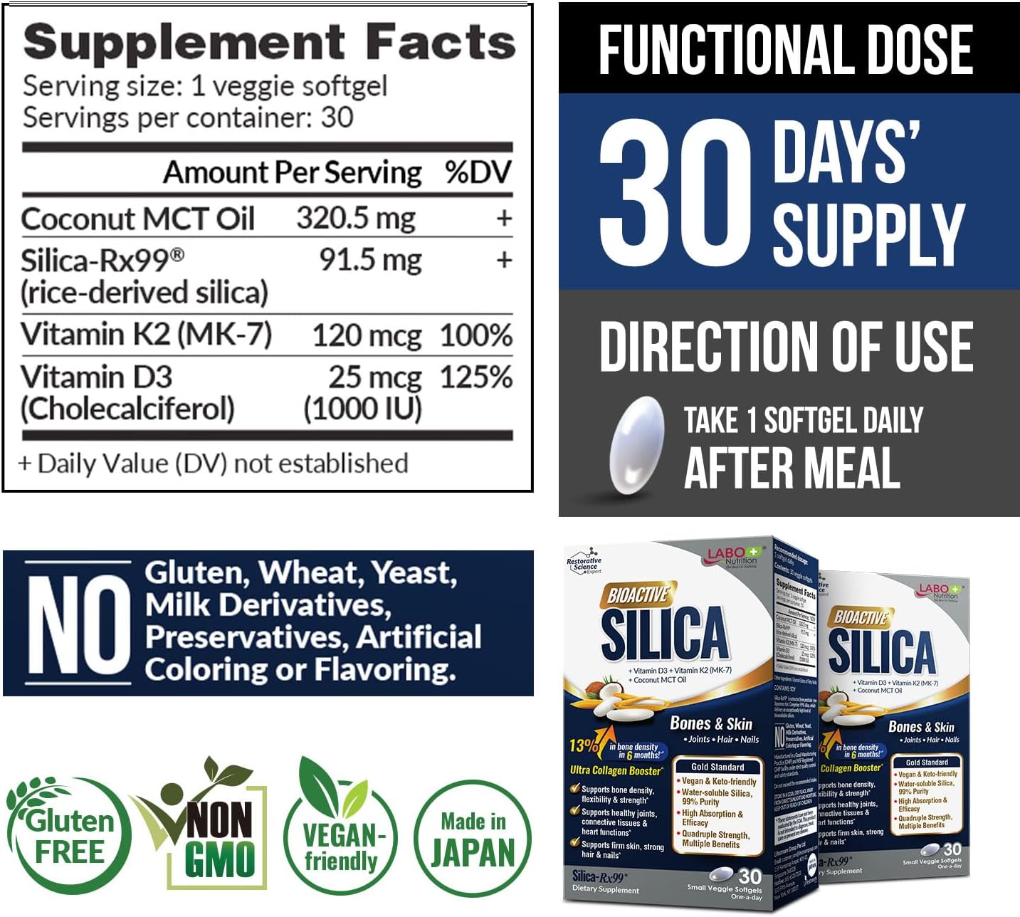 LABO Bioactive Silica - Pack de 3 - 90 Cápsulas Veganas - Sílice de Arroz 99% Pureza para Huesos y Articulaciones