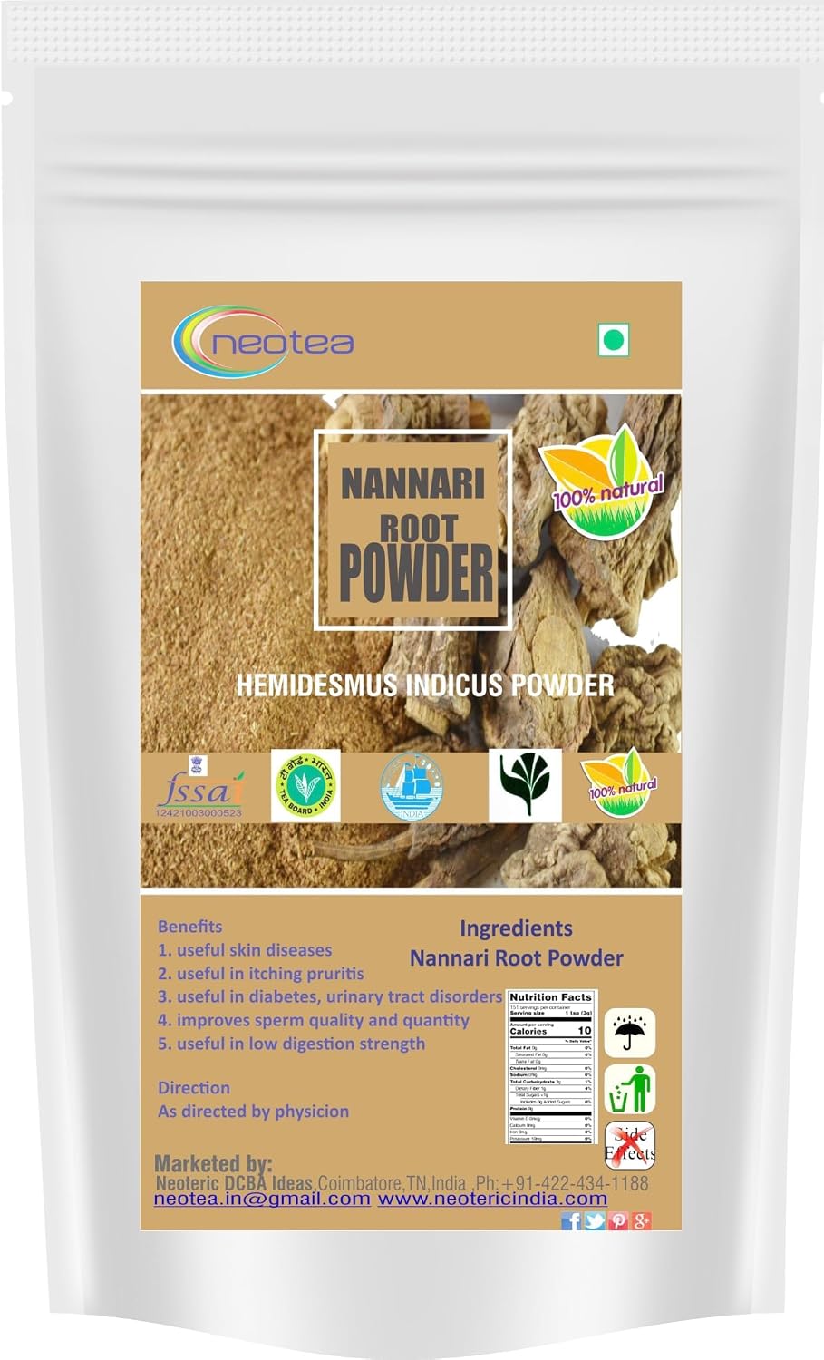 neotea Polvo de Raíz de Nannari 500g | Hemidesmus Indicus | Bebida Refrescante Natural | Sin Aditivos