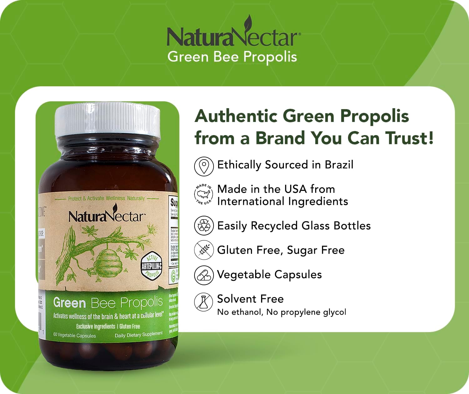 NaturaNectar - Green Bee Propolis Capsules - NSF Certified Brazilian Green Propolis - Gluten Free - 60 Capsules