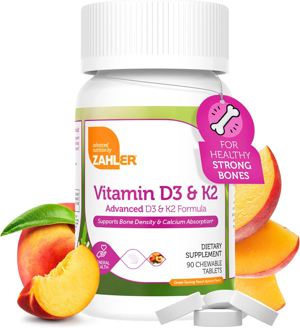 Zahler Vitamina D3 y K2 Comprimidos Masticables - 5000 UI D3 + 120 mcg K2 - Sabor Melocotón Albaricoque - 90 Unidades