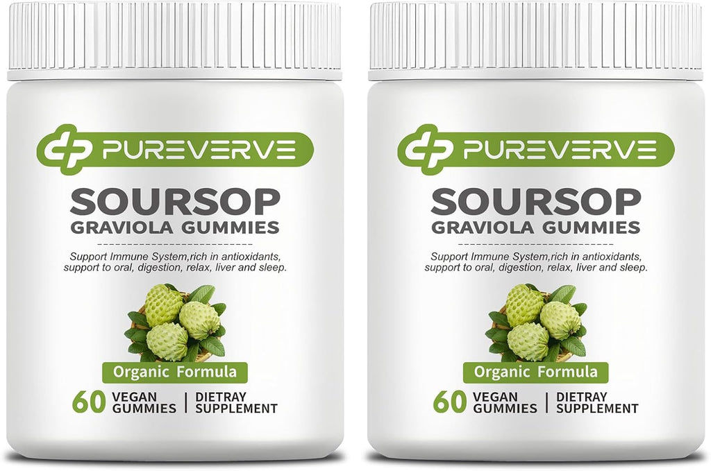 Pureverve Soursop Graviola Gummies con Musgo Marino y Zinc, Sin Azúcar, Vegano - 120 Gominolas (2 Paquete)