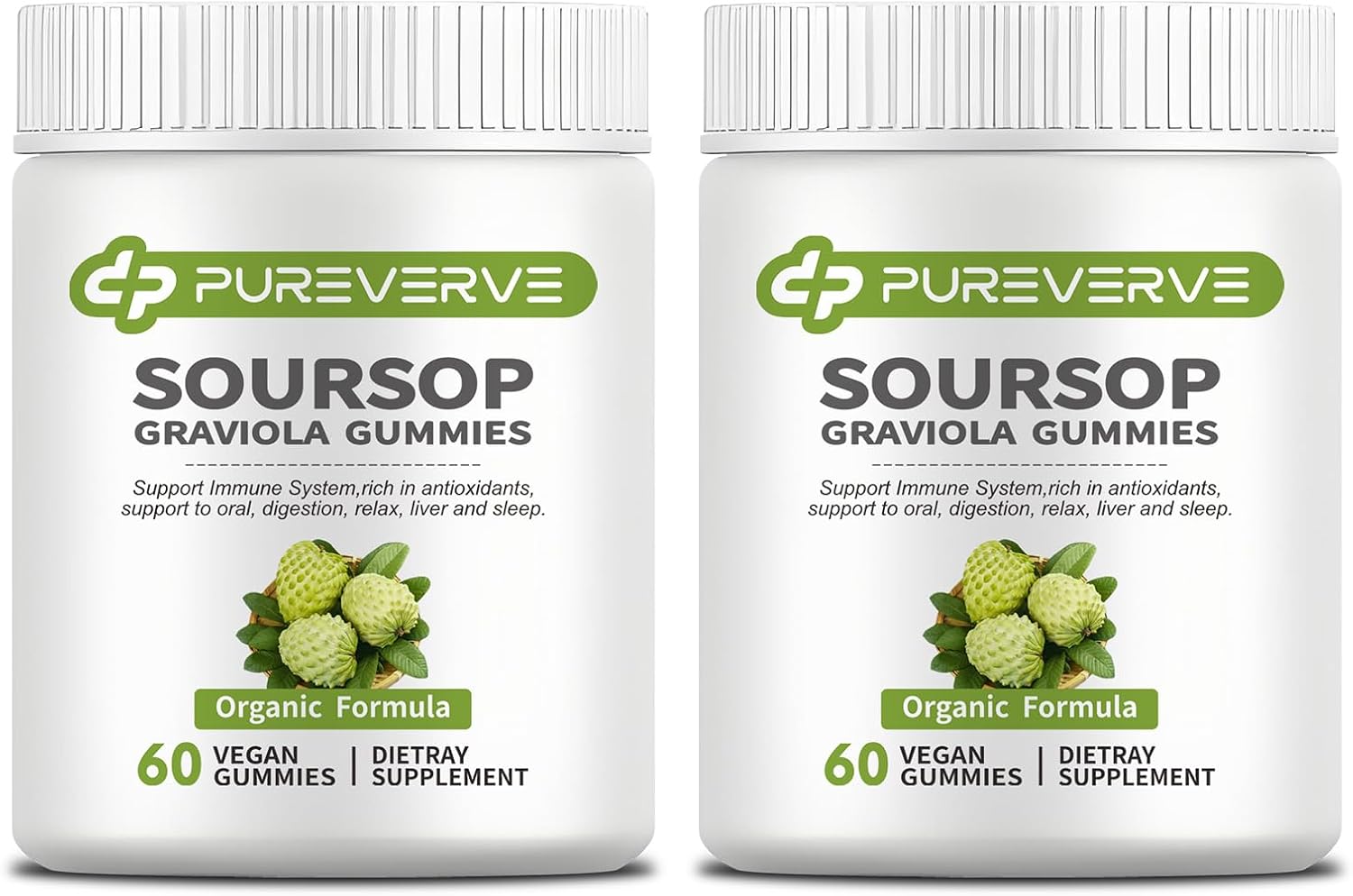 Pureverve Soursop Graviola Gummies con Musgo Marino y Zinc, Sin Azúcar, Vegano - 120 Gominolas (2 Paquete)