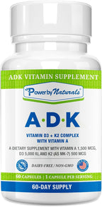 Power By Naturals ADK - Complejo de Vitaminas A, D3 y K2 MK-7 - 120 Cápsulas (2 Envases, 4 Meses)