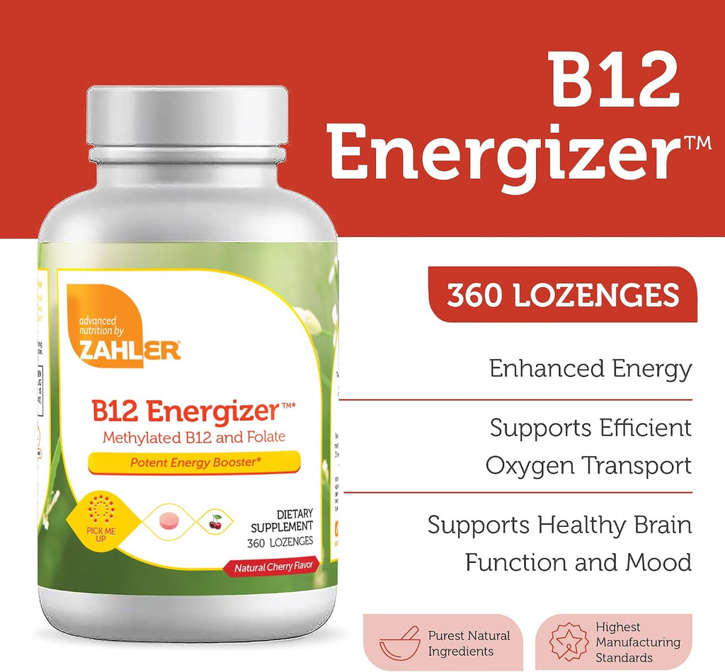 Zahler Energizer - Suplemento de Metil-B12 y Folato - Pastillas de Disolución Rápida Sabor Cereza - 360 Unidades