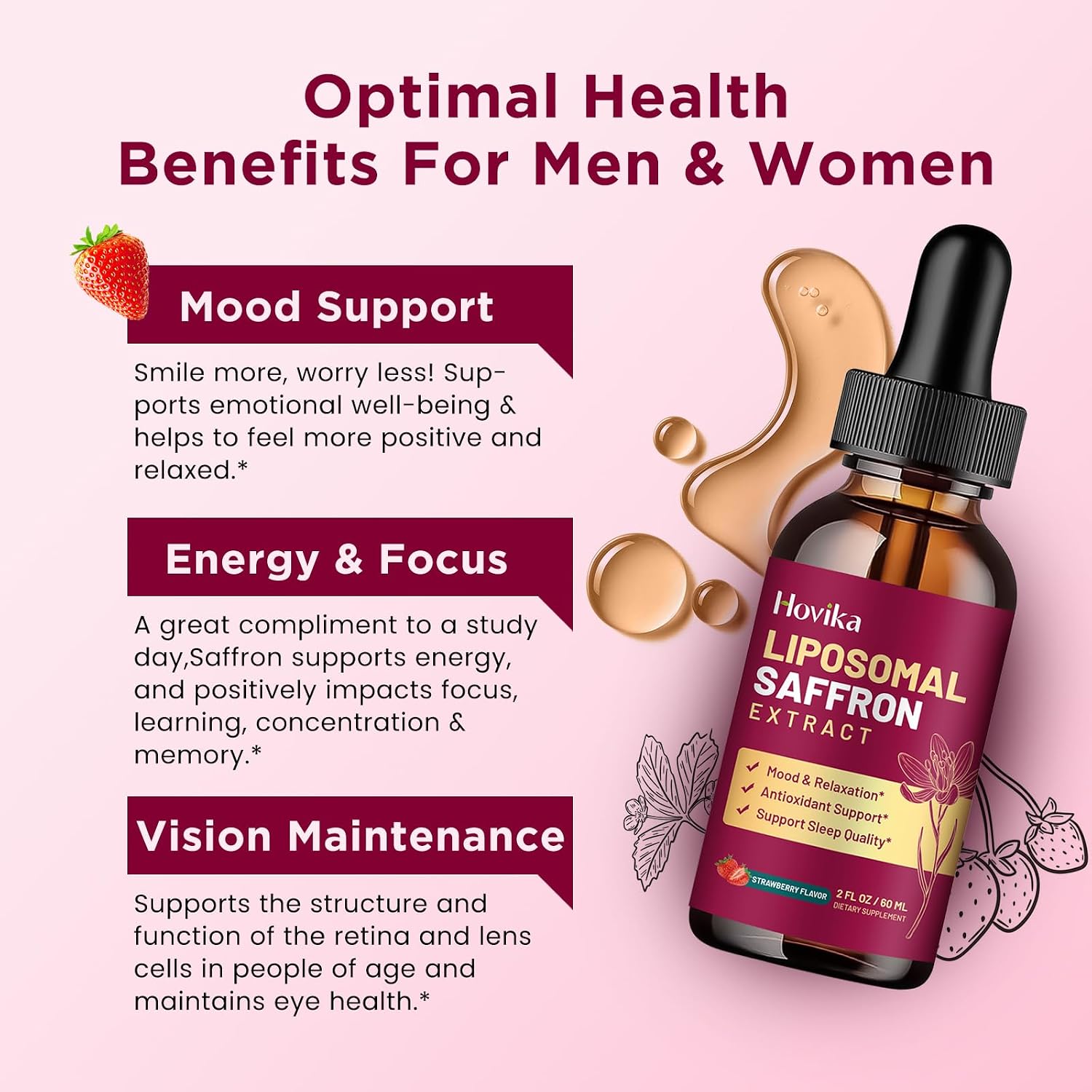 Hovika Suplemento de Azafrán Liposomal - 88.5 mg Extracto de Azafrán con L-Teanina, Manzanilla, Vitaminas C, B6, B12 y D3 - Apoyo al Estado de Ánimo, Energía y Enfoque - 60 ml Sabor Fresa