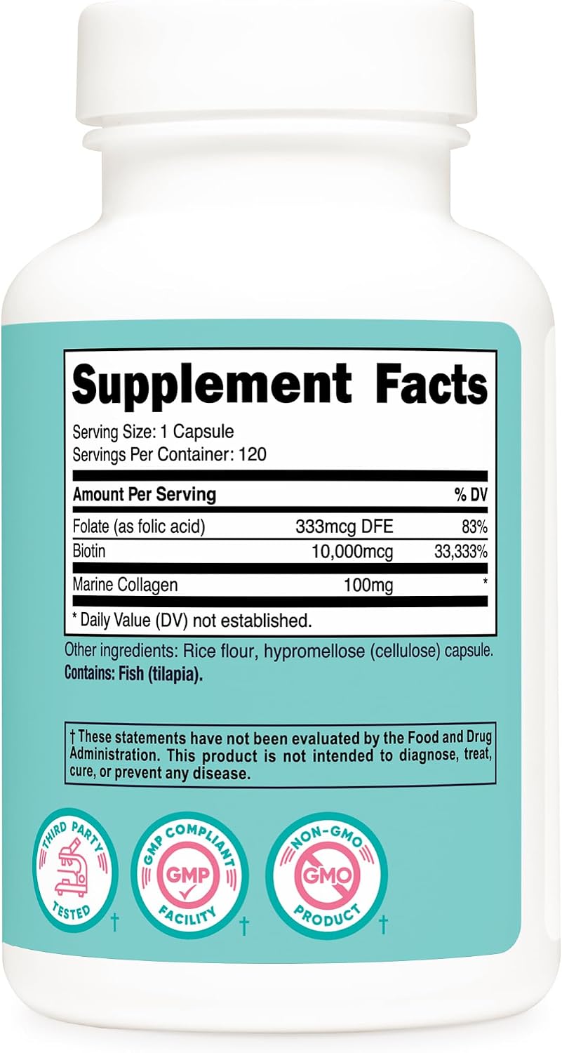 Nutricost Biotina 10.000mcg con Folato y Colágeno Marino - 120 Cápsulas