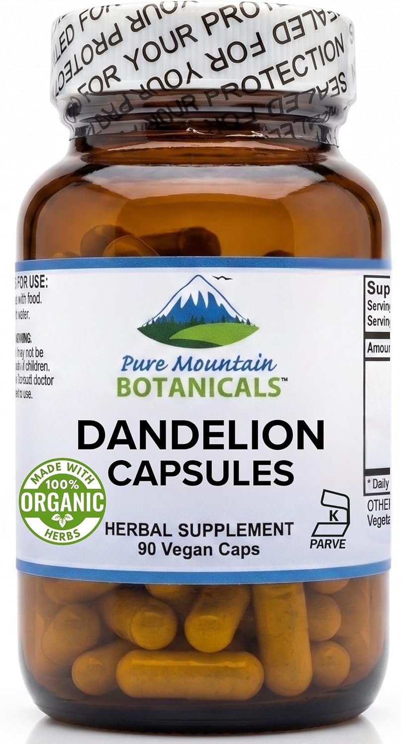 Pure Mountain Botanicals Cápsulas de Raíz de Diente de León - 450mg Orgánico - 90 Cápsulas Veganas Kosher Sin OGM