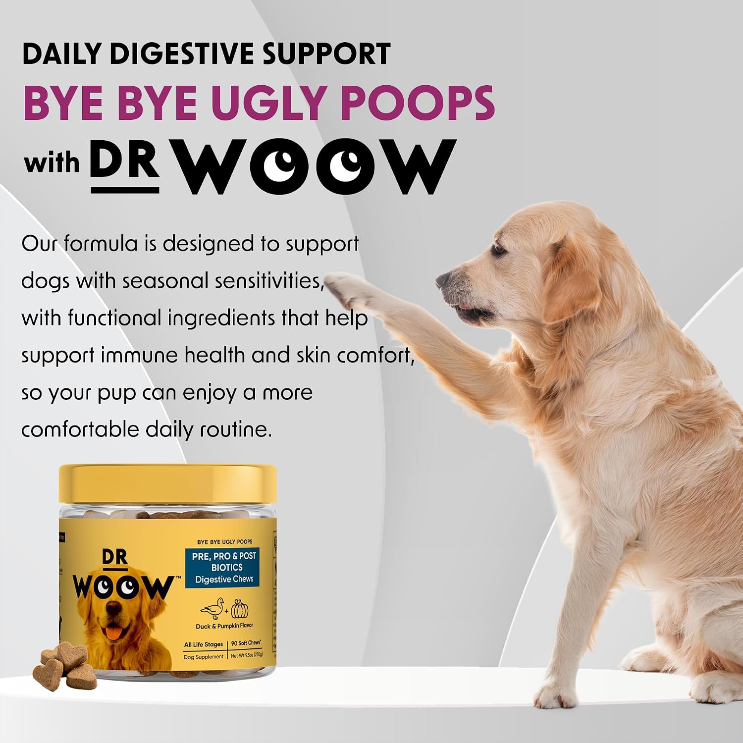 DR WOOW Probióticos para Perros – Masticables Suaves con Enzimas Digestivas – Sabor Pato y Calabaza – 90 Unidades