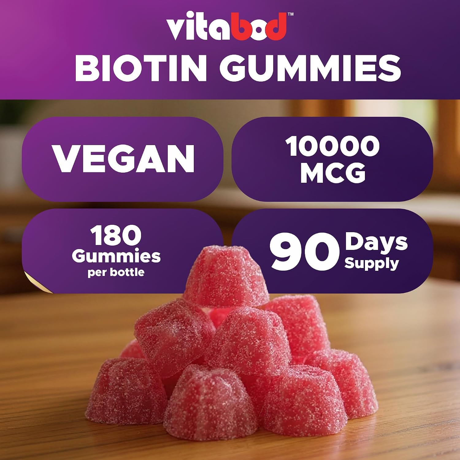 Vitabod Gominolas de Biotina 10,000 mcg – 180 Gominolas Veganas para Cabello, Piel y Uñas – Sin OGM, Sin Gluten, Sabor Frambuesa