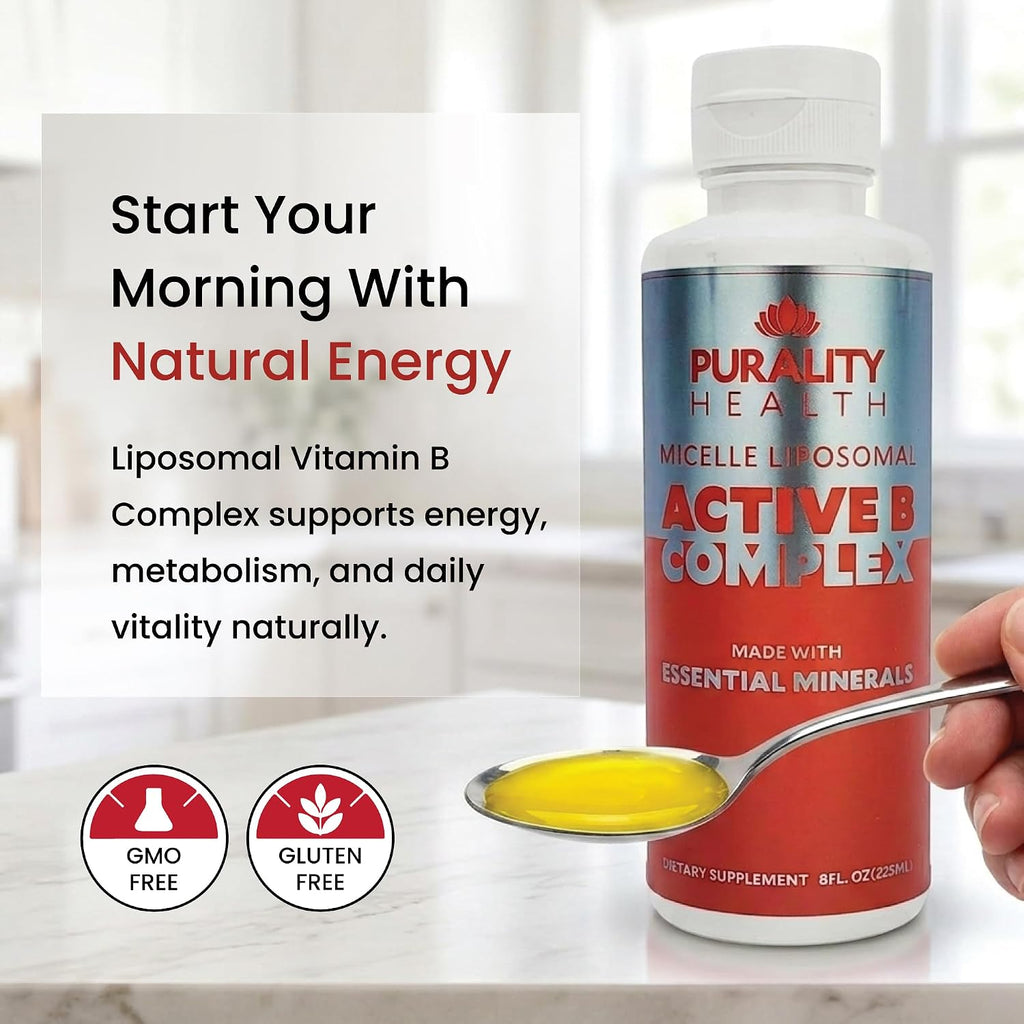 Complejo B Líquido con Absorción Liposomal - Purality Health - Vitaminas B1, B2, B3, B5, B6, B7, B9, B12 + Minerales Esenciales - 15 Días
