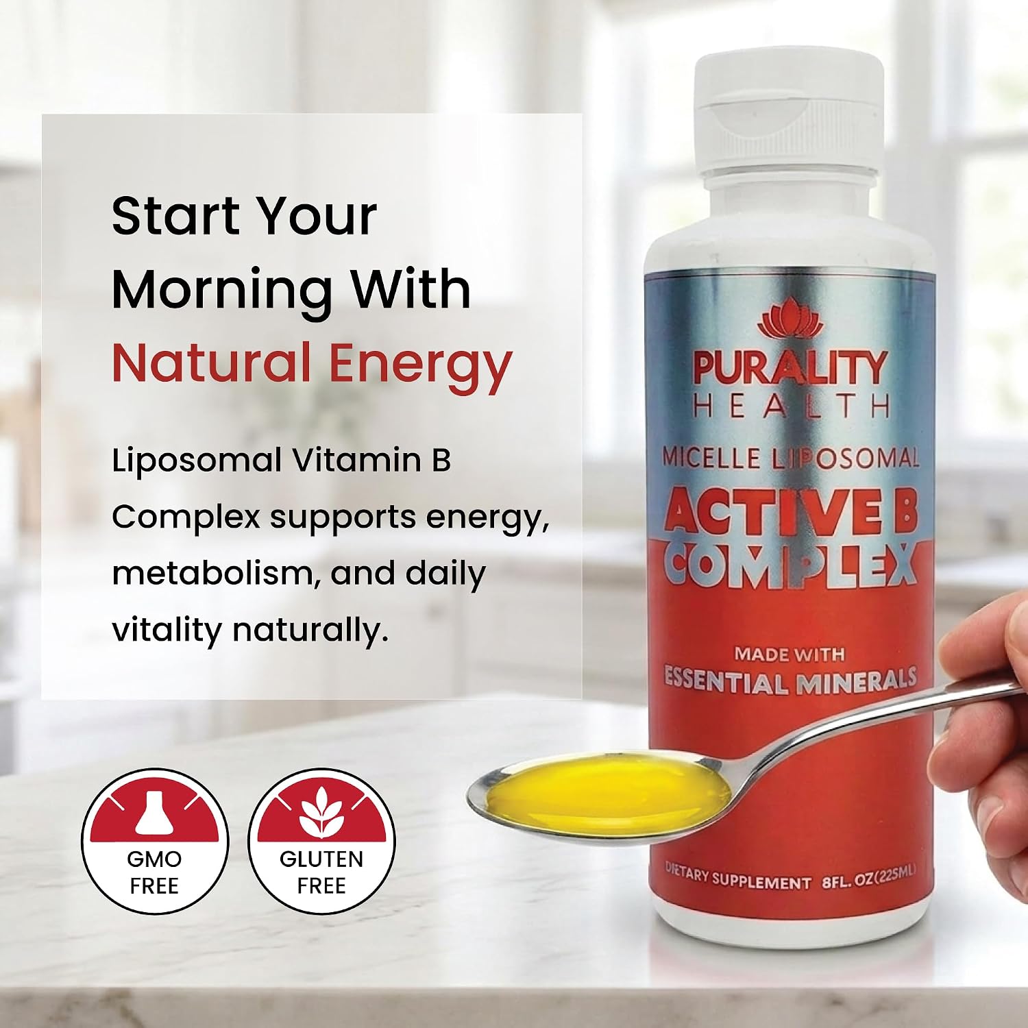 Complejo B Líquido con Absorción Liposomal - Purality Health - Vitaminas B1, B2, B3, B5, B6, B7, B9, B12 + Minerales Esenciales - 15 Días