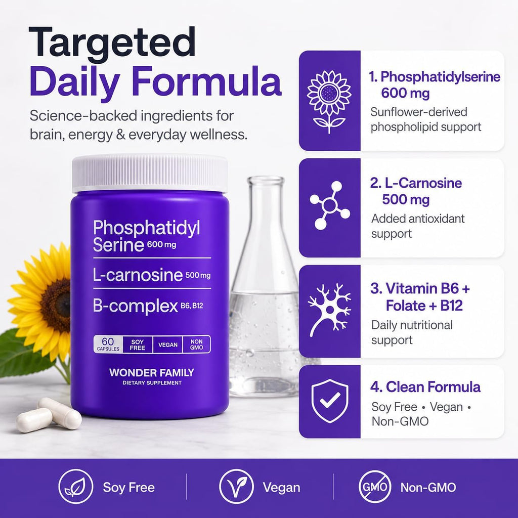 WONDER FAMILY Fosfatidilserina 600 mg con L-Carnosina 500 mg + B6, B12 y Ácido Fólico - Complejo de PS de Lecitina de Girasol sin Soja - 60 Cápsulas