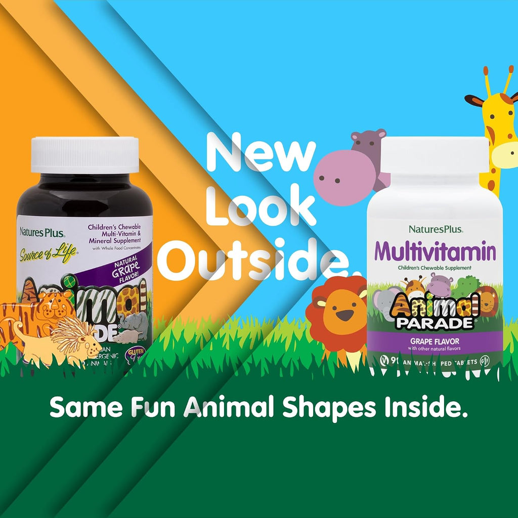 NaturesPlus Animal Parade Multivitamínico Infantil Masticable - Sabor Uva - 90 Comprimidos