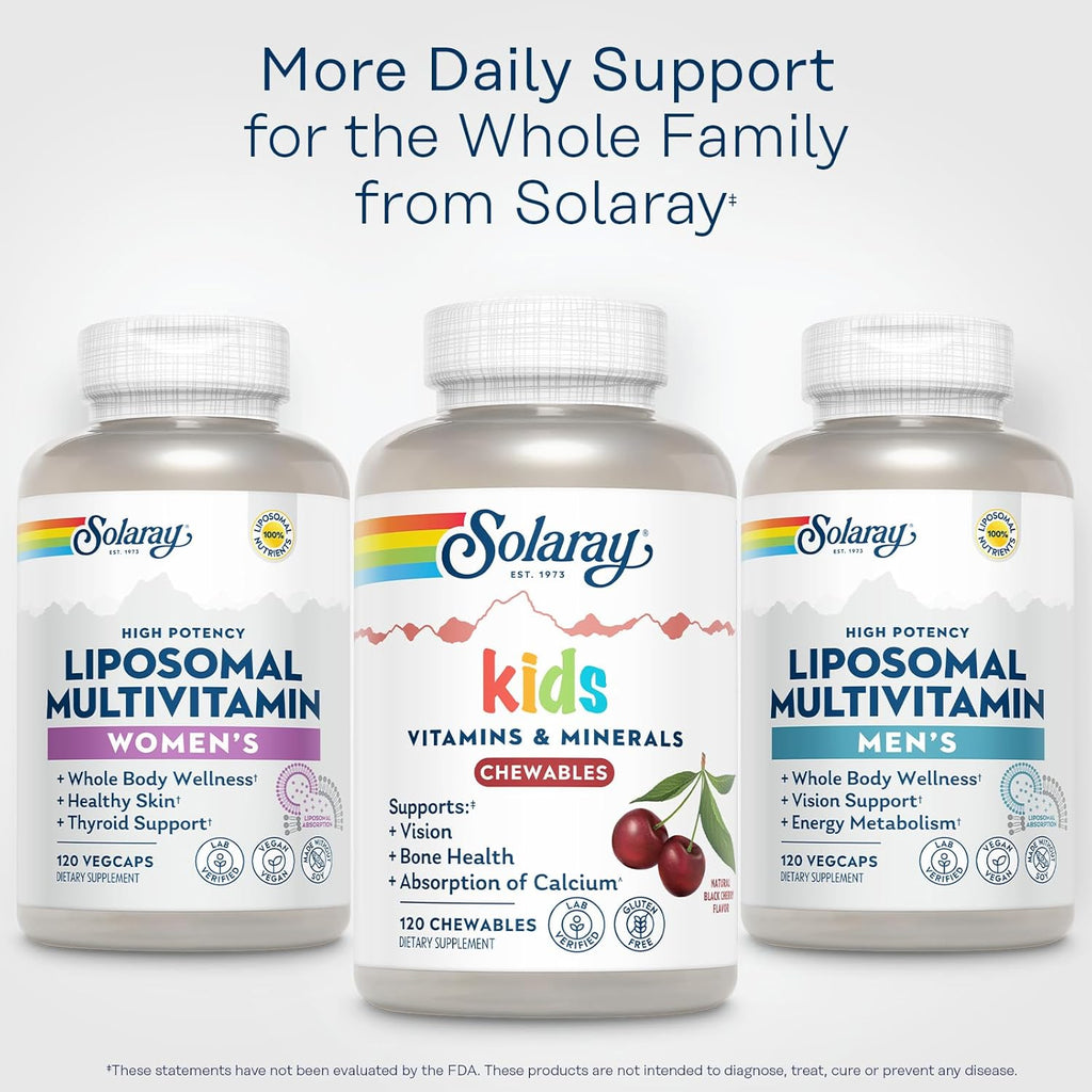 SOLARAY Vitaminas y Minerales para Niños – Multivitamínico Infantil con 20 Nutrientes, Sabor a Cereza Negra, 120 Comprimidos Masticables