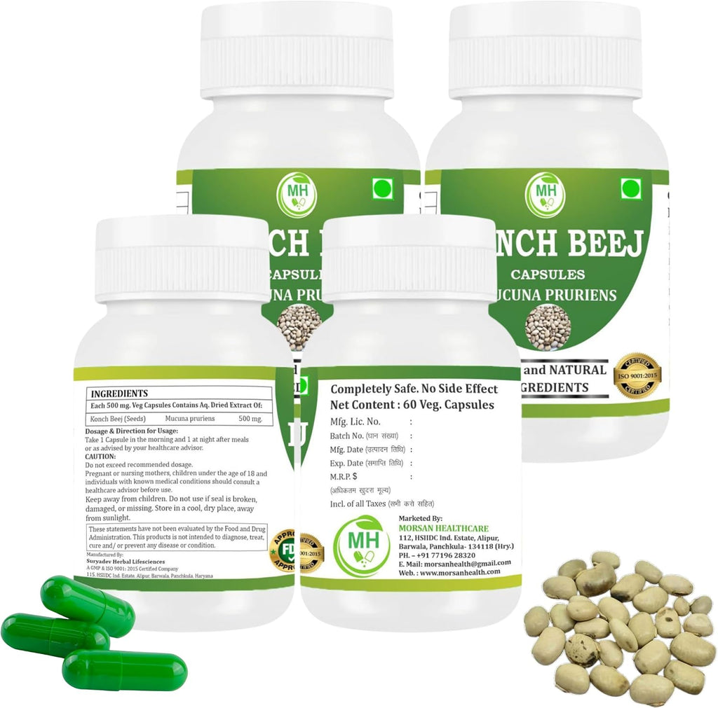Morsan Kaunch (Konch) Beej Cápsulas – Mucuna pruriens 500 mg – 240 Cápsulas Veganas (Paquete de 4)
